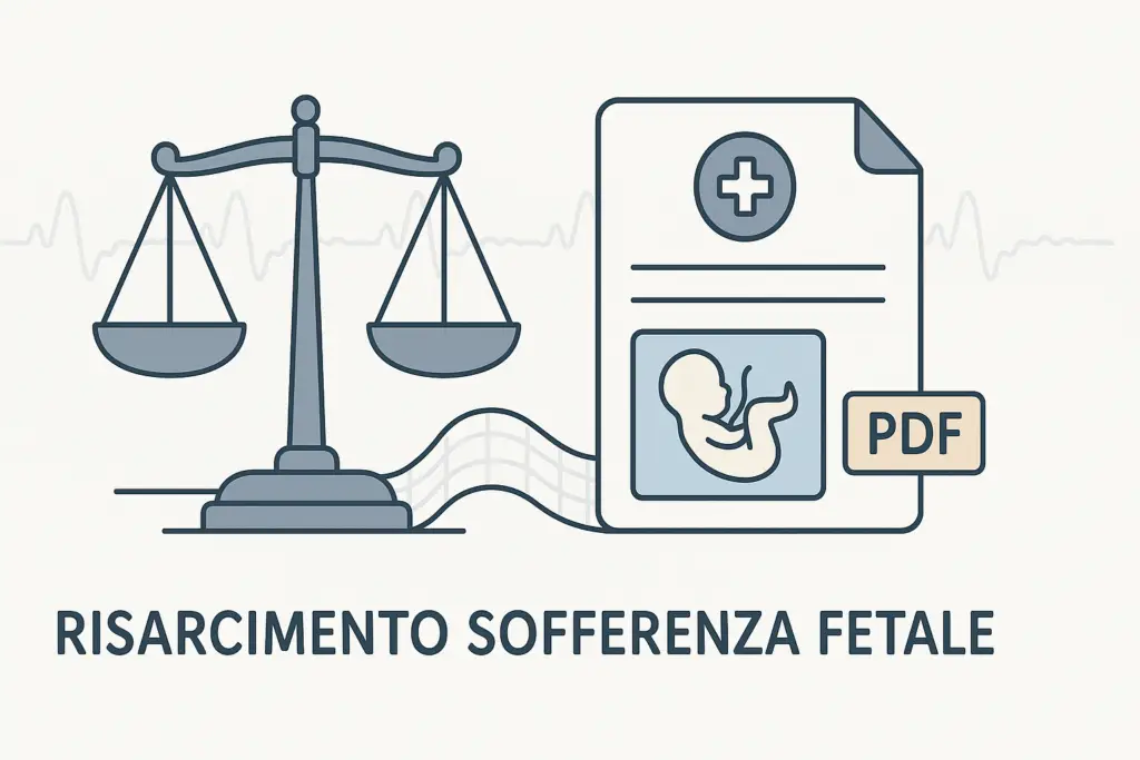 Illustrazione del risarcimento sofferenza fetale: bilancia della giustizia, cartella clinica e nastro CTG stilizzato.