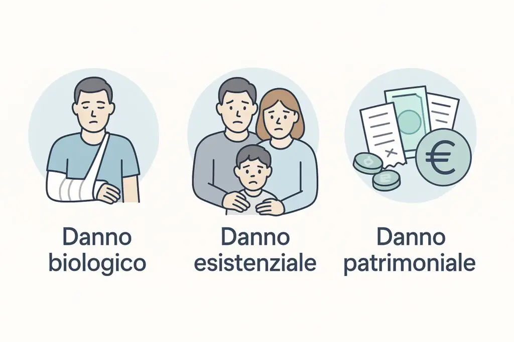 Infografica tipologie di danno risarcibile per caduta in ospedale: biologico, esistenziale e patrimoniale
