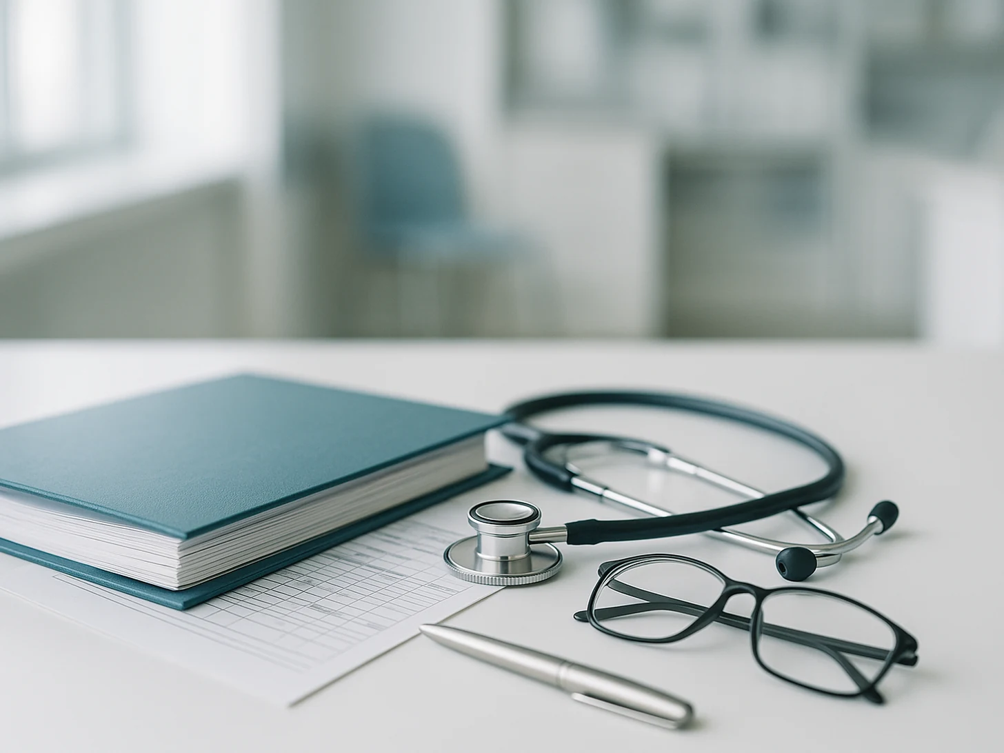 Errore medico: cartella clinica e stetoscopio su una scrivania di ambulatorio ospedaliero
