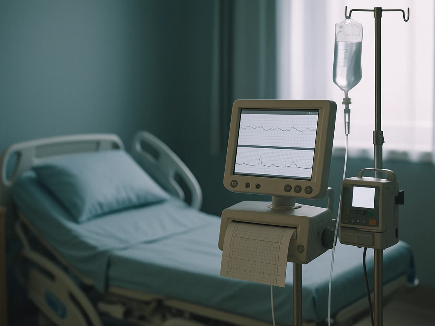 Induzione del parto: sala travaglio con monitor cardiotocografico e pompa per infusione di ossitocina, contesto del rischio di danni al neonato