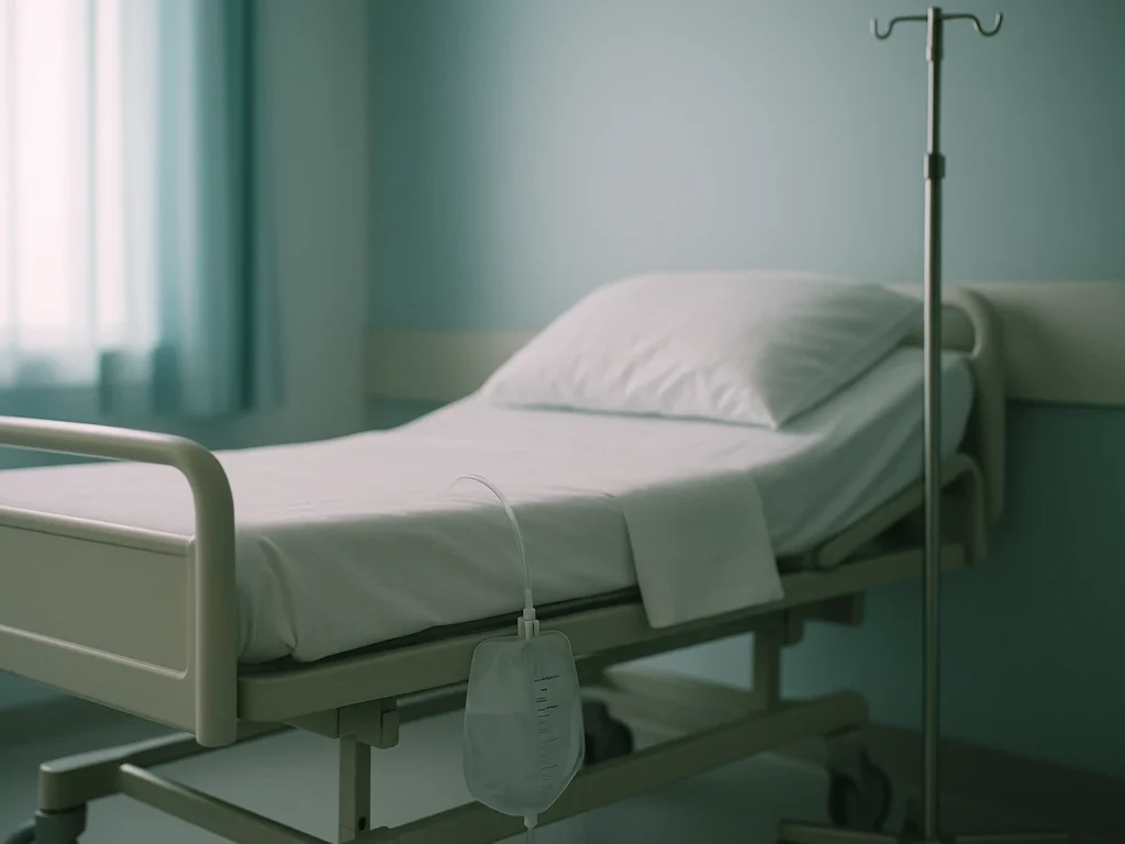 Infezione urinaria da catetere in ospedale: sacca di raccolta e linea del catetere accanto a un letto di degenza