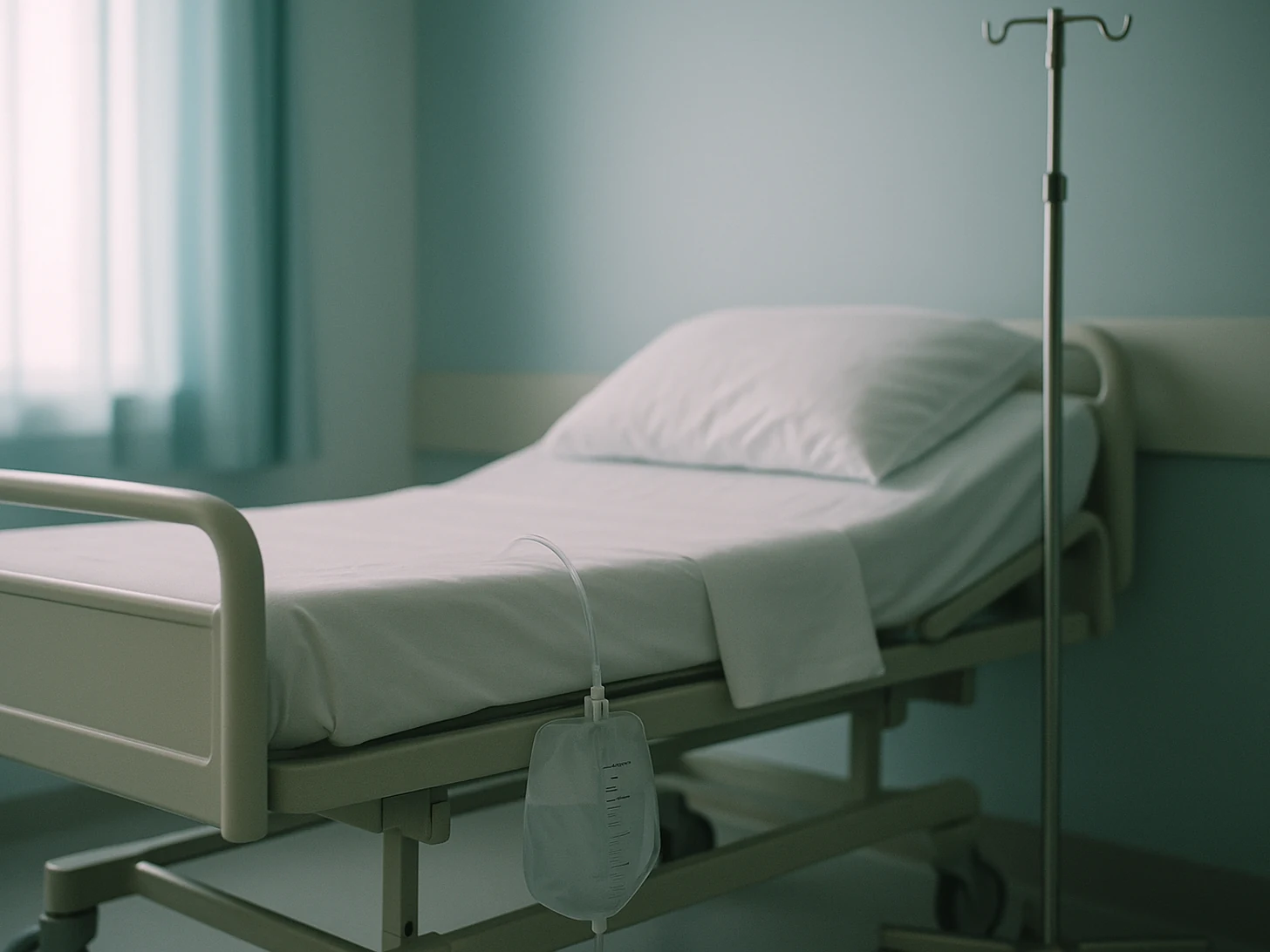 Infezione urinaria da catetere in ospedale: sacca di raccolta e linea del catetere accanto a un letto di degenza