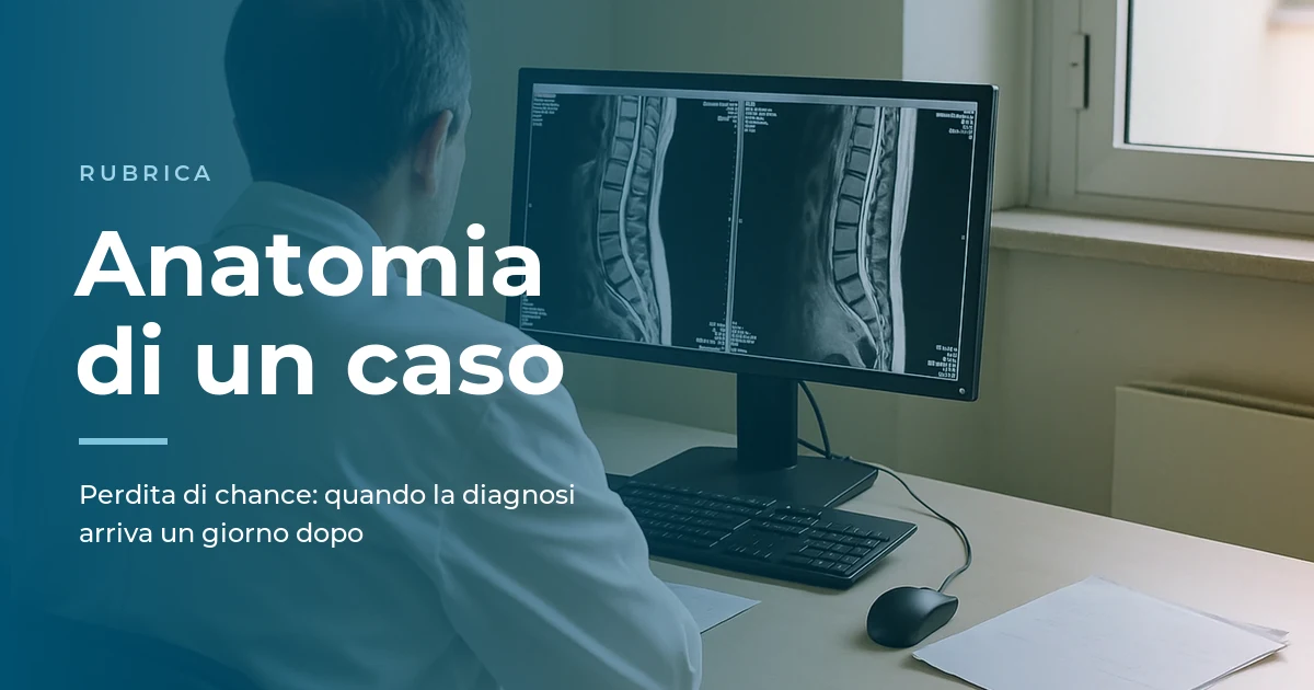 Perdita di chance in responsabilità sanitaria: copertina della rubrica Anatomia di un caso, medico che esamina una risonanza della colonna