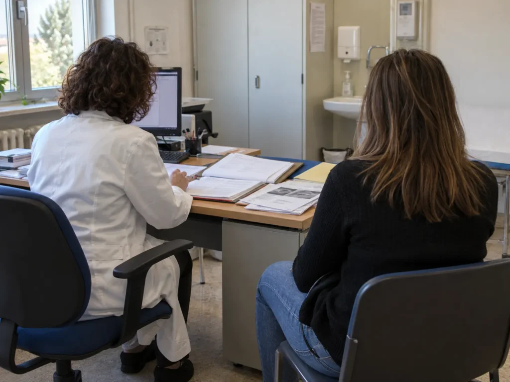 Medico legale cosa fa: colloquio in ambulatorio, specialista di spalle che esamina la cartella clinica con il paziente