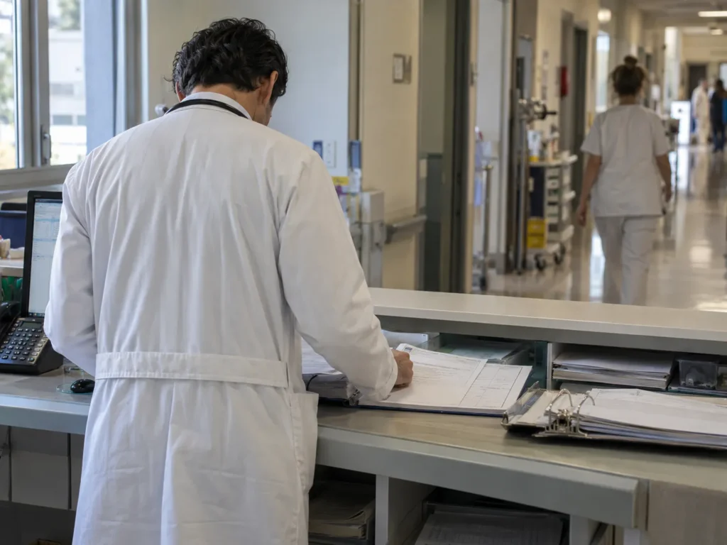 Responsabilità civile del medico: un professionista in camice bianco, di spalle, consulta una cartella clinica al banco di un reparto ospedaliero